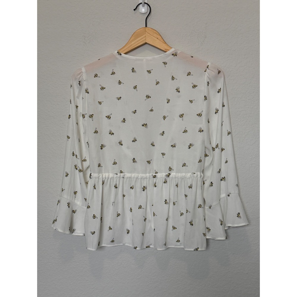 Free People Bee Print Tie Front Blouse Boho Bell Sleeve Sheer Top White S - Picture 7 of 16